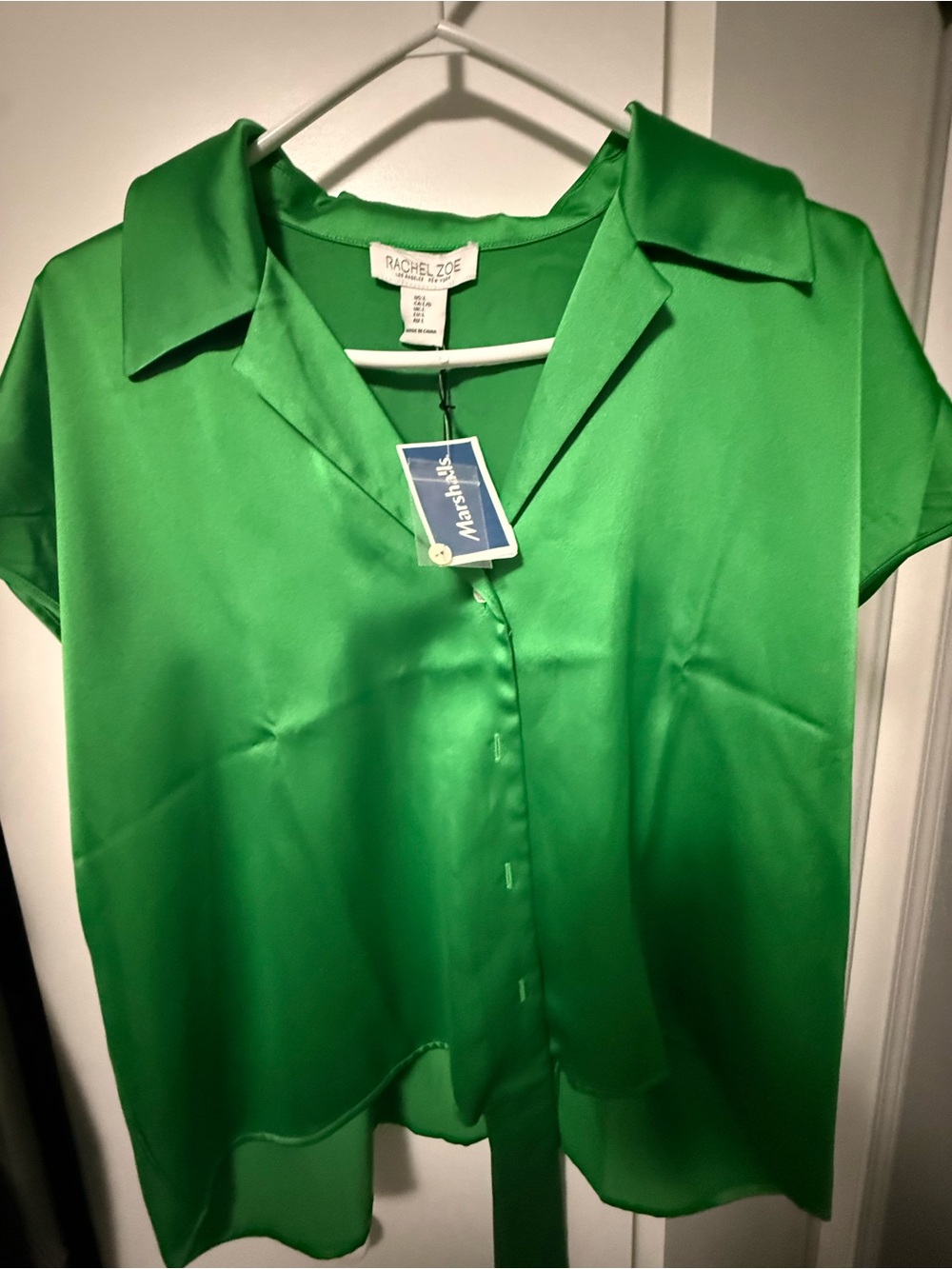 Rachel Zoe Emerald Green Satin Short Sleeve Button-Up Blouse